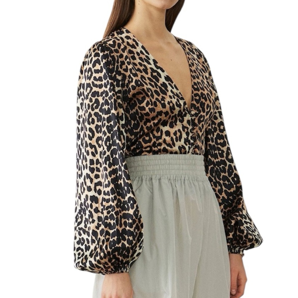 Acoa Leopard Print Button Down Balloon Sleeve Smocked Crop Top Size Small